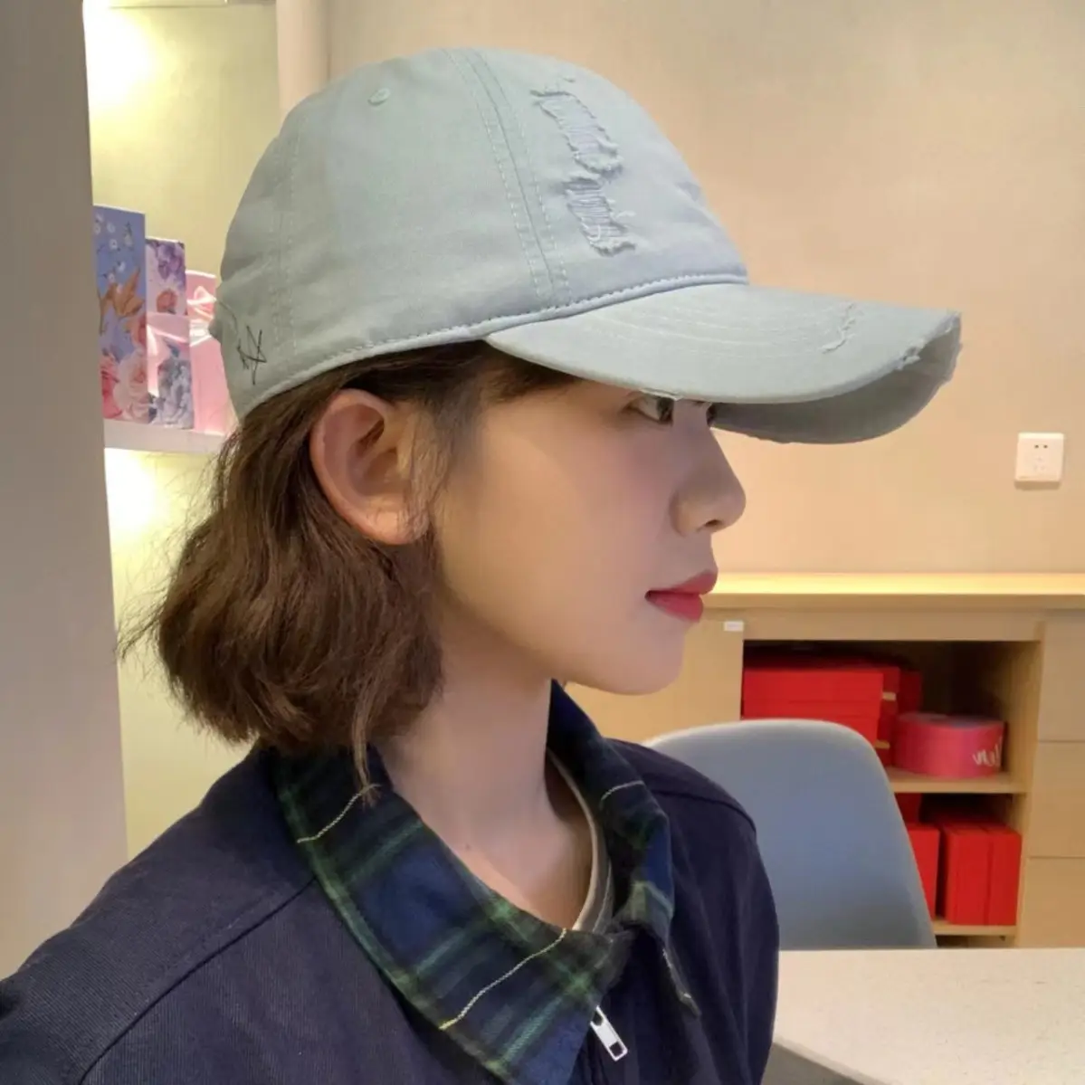 Red Ripped Baseball Cap with Embroidered Logo - Image 6