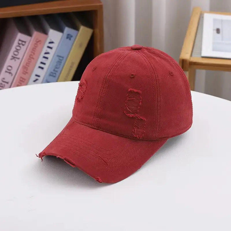Red Ripped Baseball Cap with Embroidered Logo — feature 33