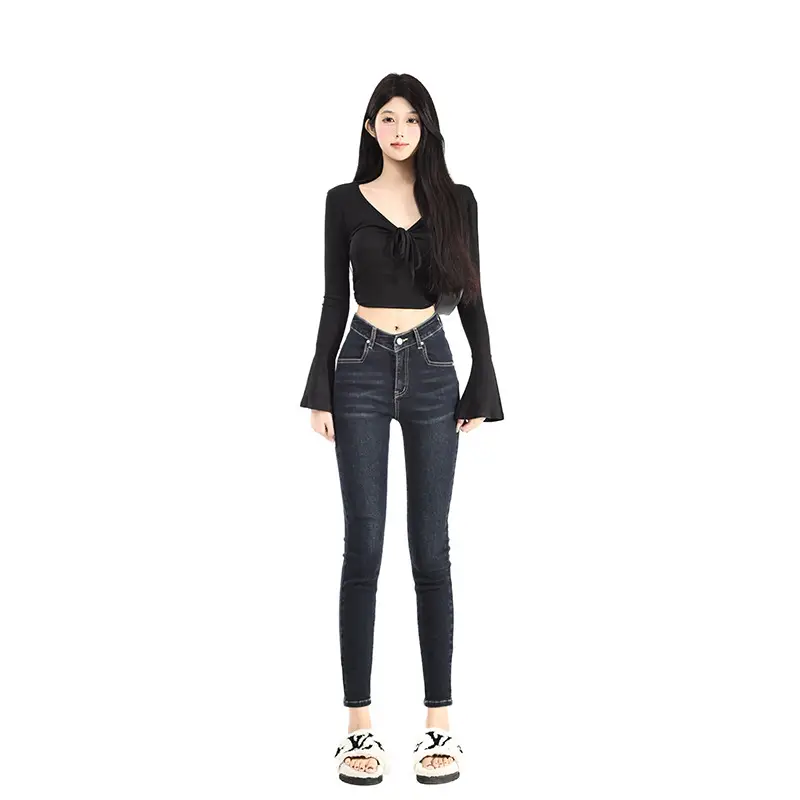 Women Dark Blue V-Hairy High Waist Slim Fit Jeans