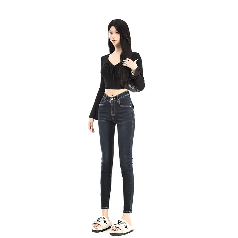 Women Dark Blue V-Hairy High Waist Slim Fit Jeans