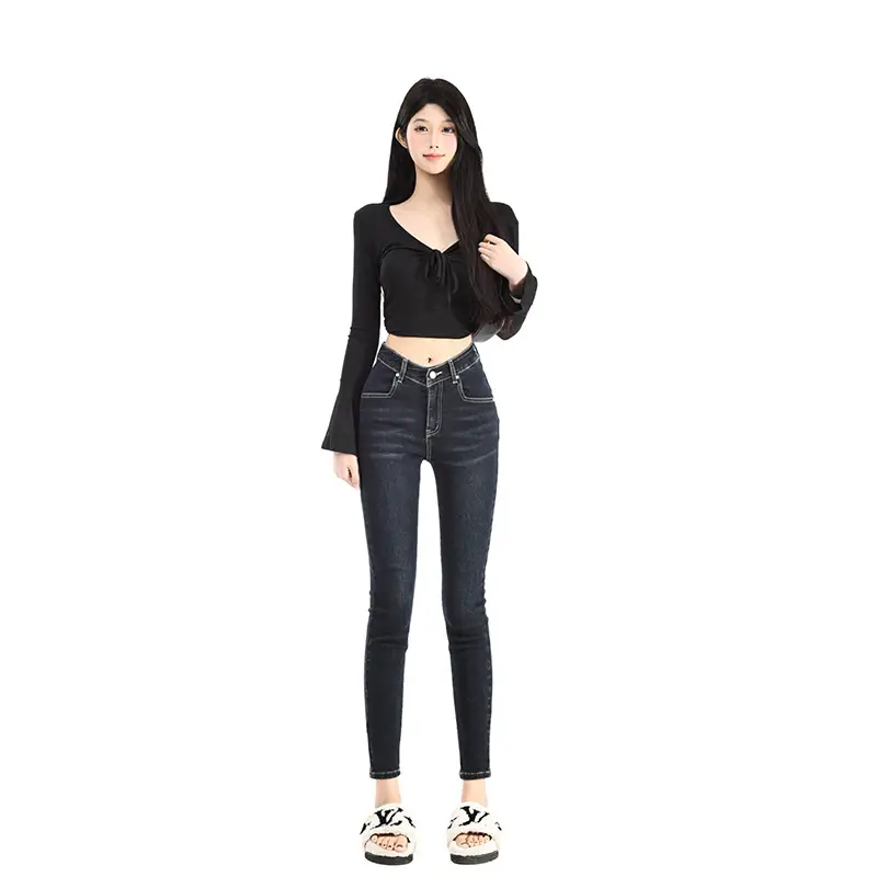 Women Dark Blue V-Hairy High Waist Slim Fit Jeans — feature 1