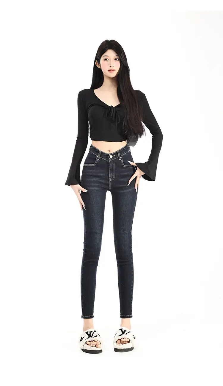 Women Dark Blue V-Hairy High Waist Slim Fit Jeans — feature 10