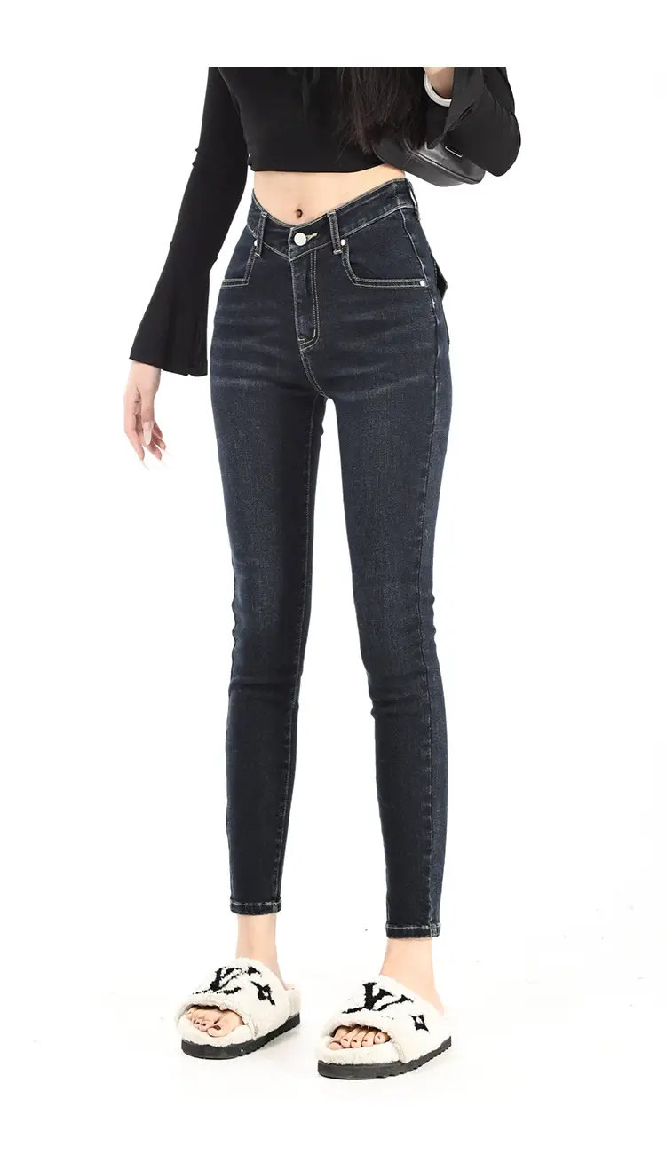 Women Dark Blue V-Hairy High Waist Slim Fit Jeans — feature 11