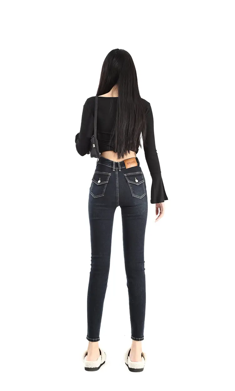 Women Dark Blue V-Hairy High Waist Slim Fit Jeans — feature 14