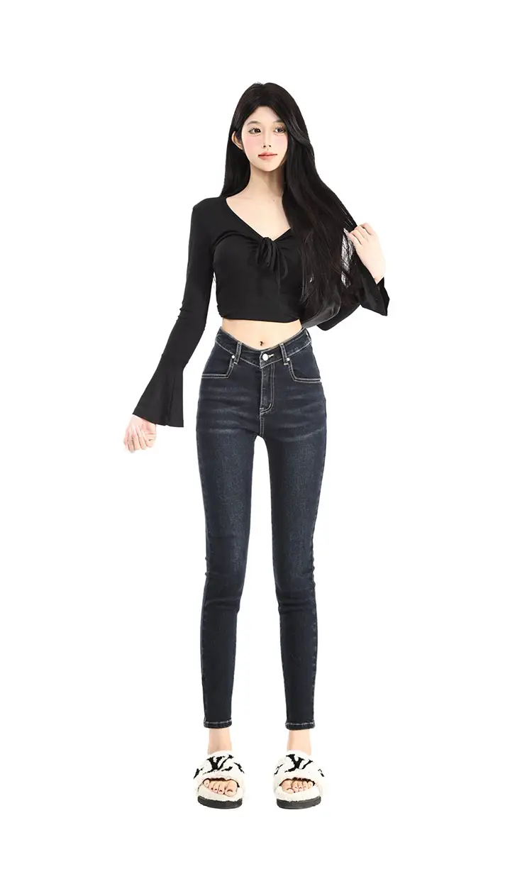Women Dark Blue V-Hairy High Waist Slim Fit Jeans — feature 3