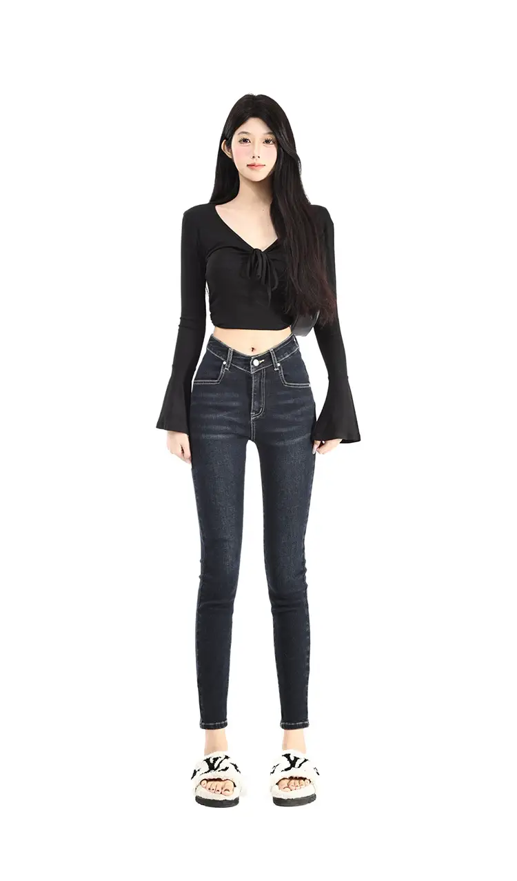 Women Dark Blue V-Hairy High Waist Slim Fit Jeans — feature 4