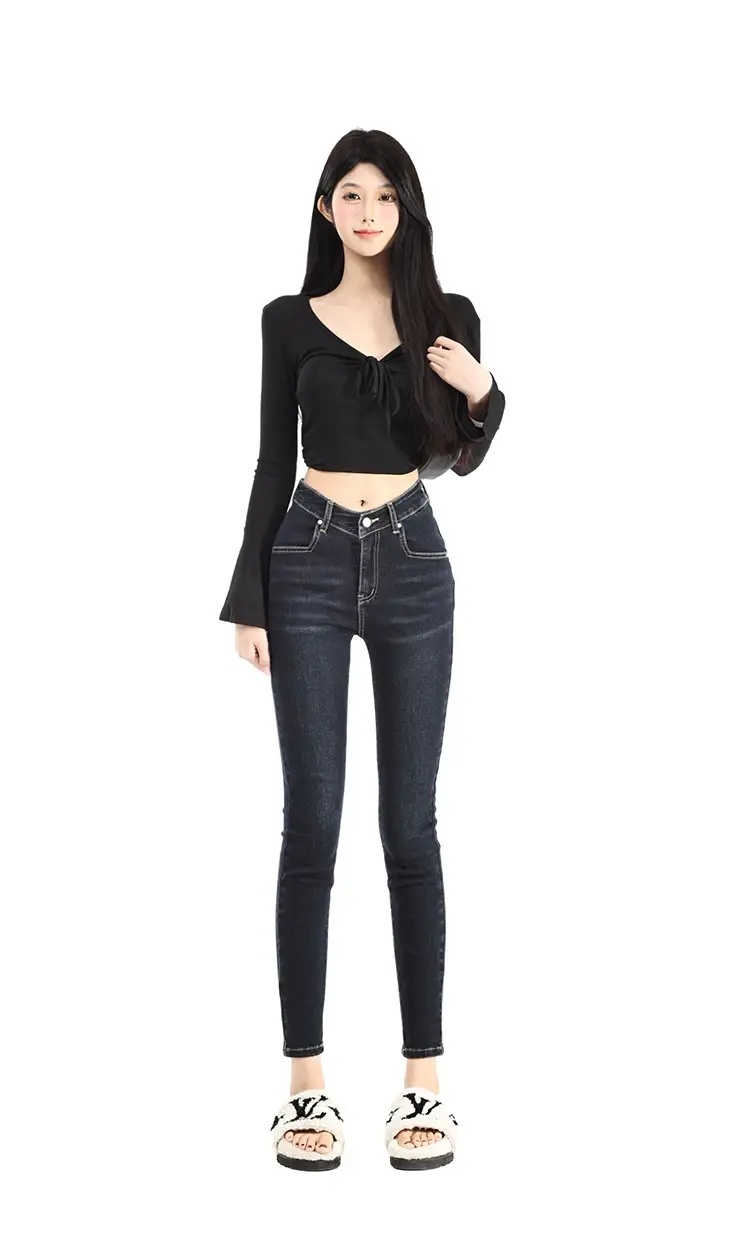 Women Dark Blue V-Hairy High Waist Slim Fit Jeans — feature 5
