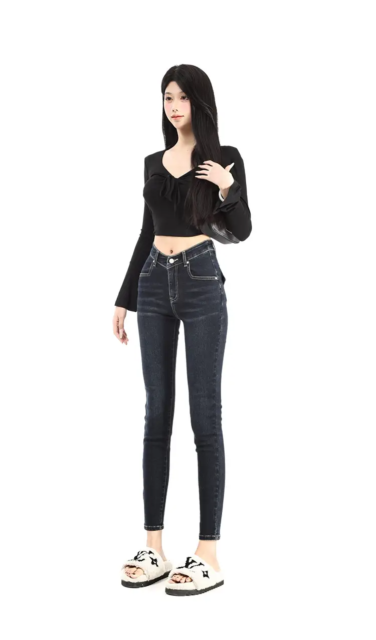Women Dark Blue V-Hairy High Waist Slim Fit Jeans — feature 6