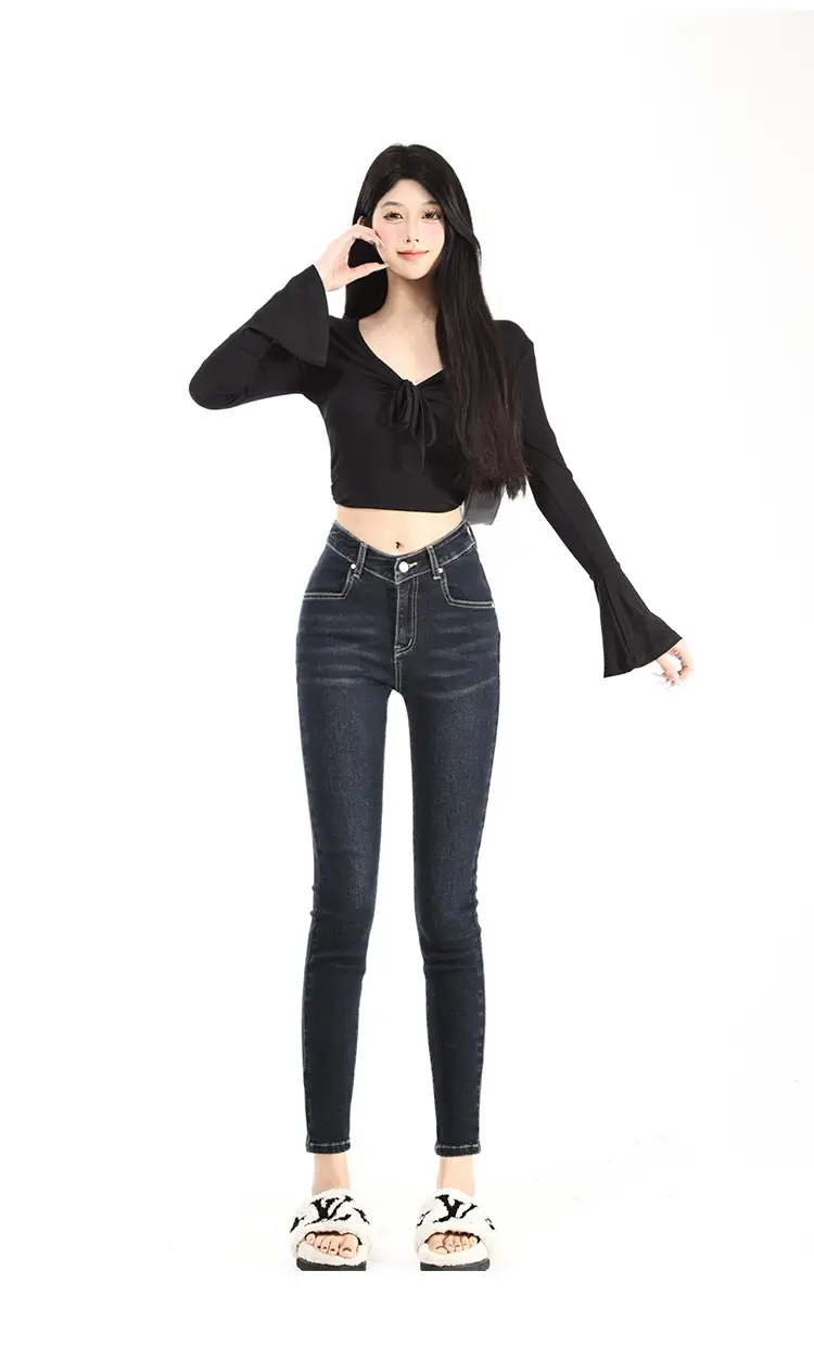 Women Dark Blue V-Hairy High Waist Slim Fit Jeans — feature 7