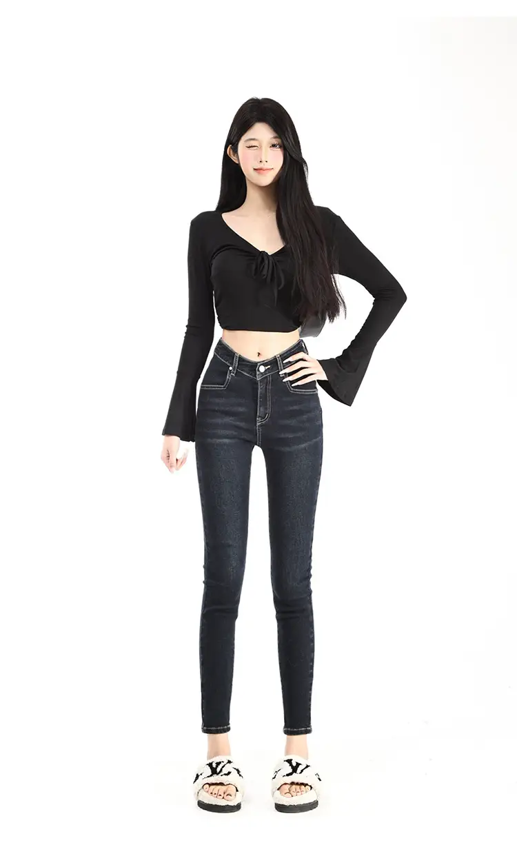 Women Dark Blue V-Hairy High Waist Slim Fit Jeans — feature 8