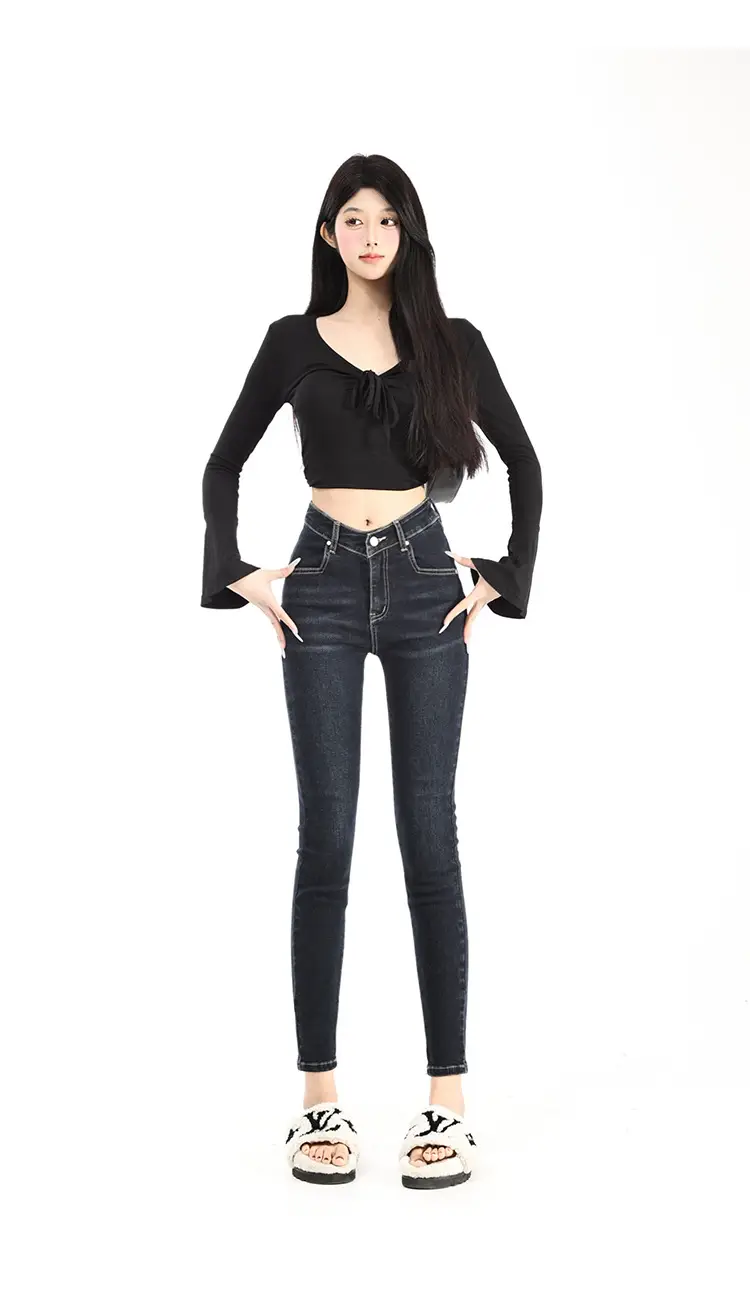 Women Dark Blue V-Hairy High Waist Slim Fit Jeans — feature 9