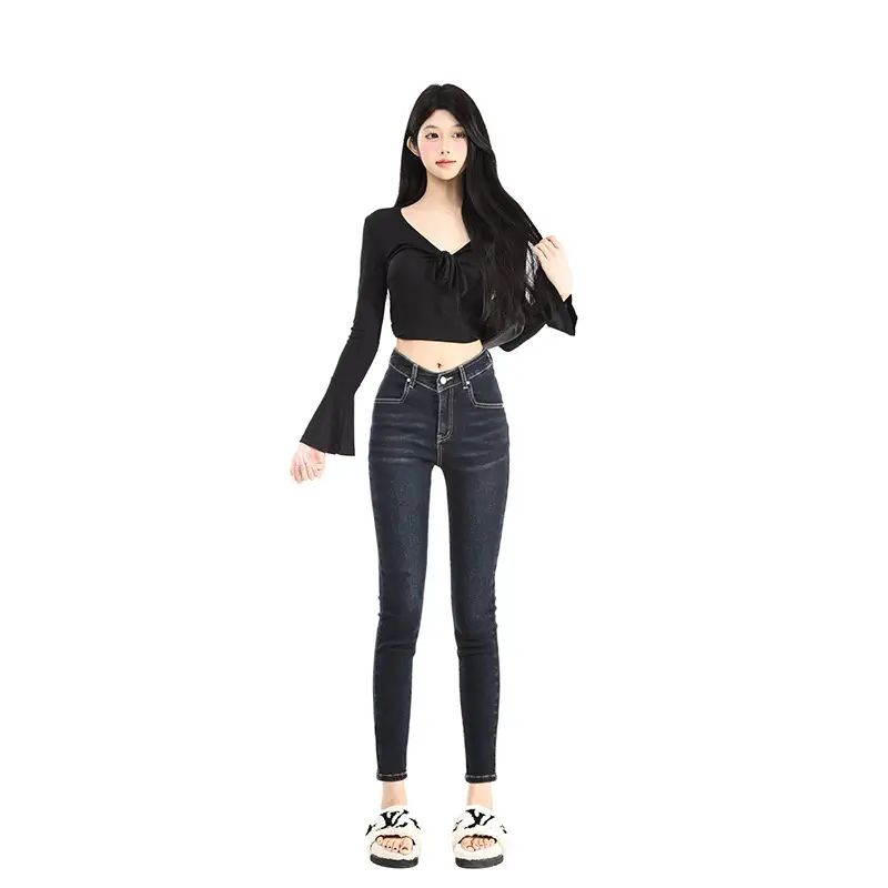 Women Dark Blue V-Hairy High Waist Slim Fit Jeans