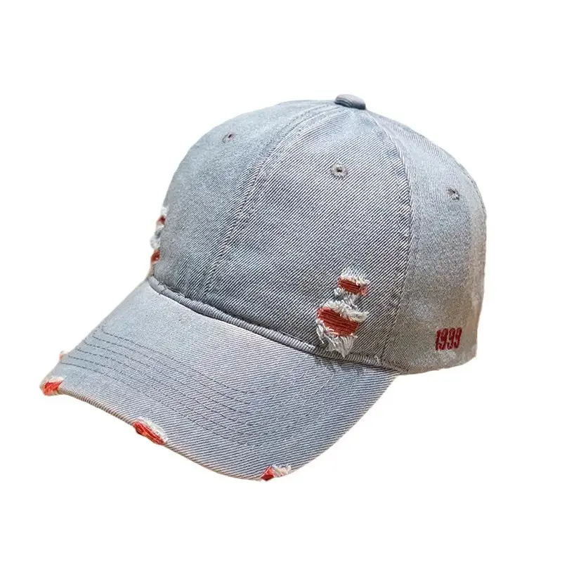 Retro Denim Baseball Cap with Hole Wall Design