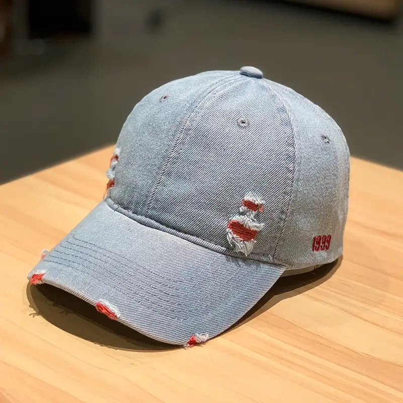 Retro Denim Baseball Cap with Hole Wall Design — feature 13