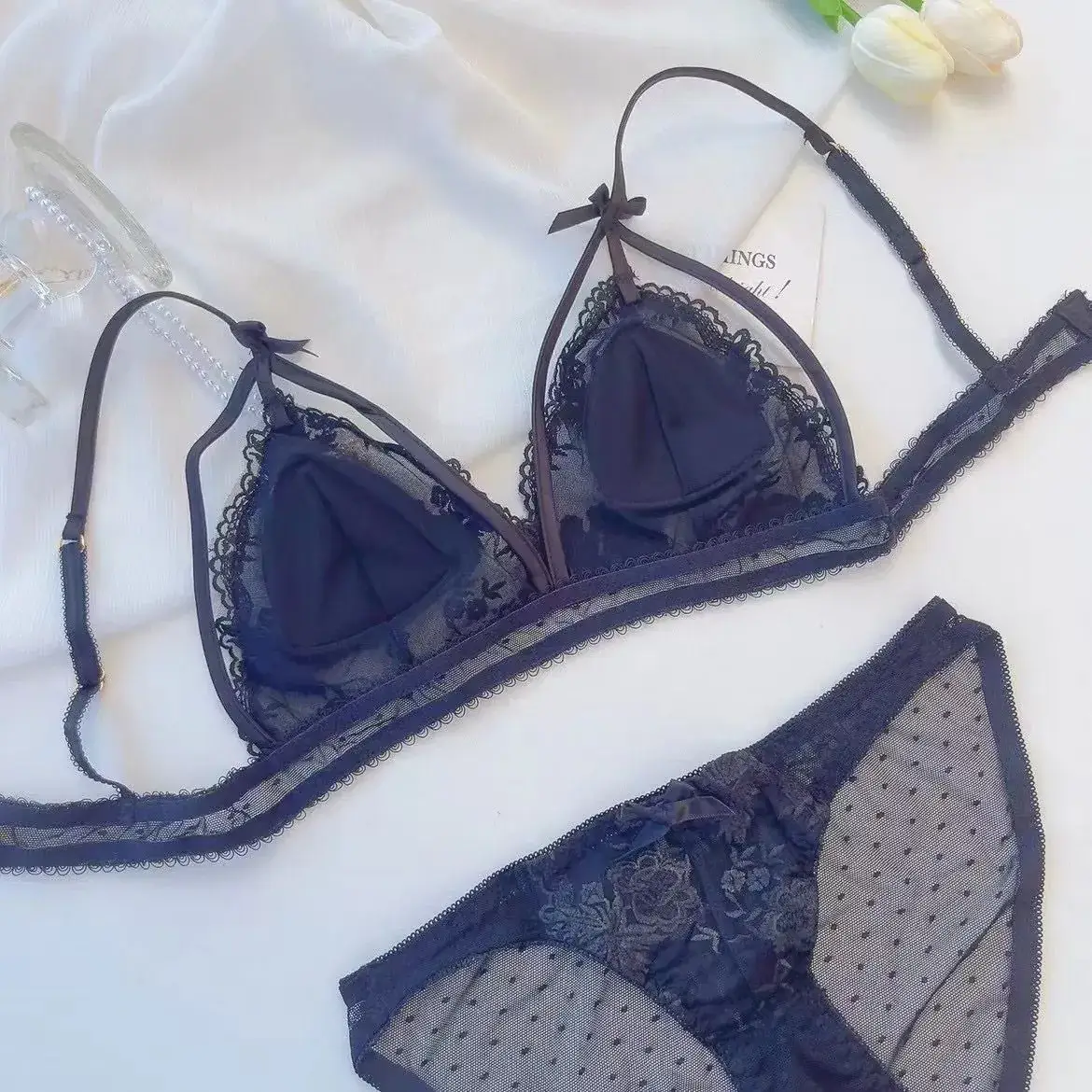 Sexy Lace Mesh Bow Underwear Black White