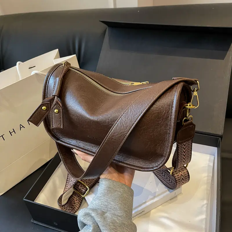 2026 Retro Boston Bag Brown Leather Square Shoulder Crossbody - Image 4