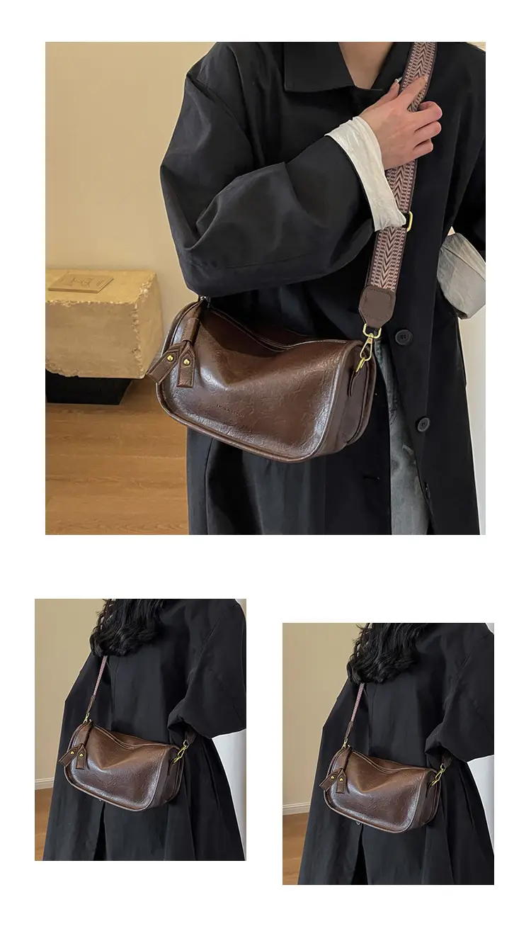2026 Retro Boston Bag Brown Leather Square Shoulder Crossbody — feature 6