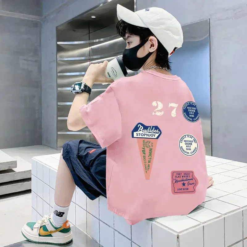 Pink 27 Design Cotton T-Shirt for Boys Summer Wear - Image 6