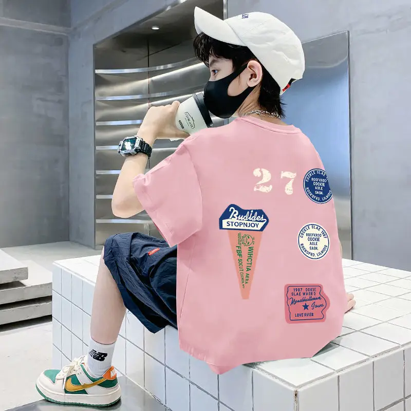 Pink 27 Design Cotton T-Shirt for Boys Summer Wear - Image 3