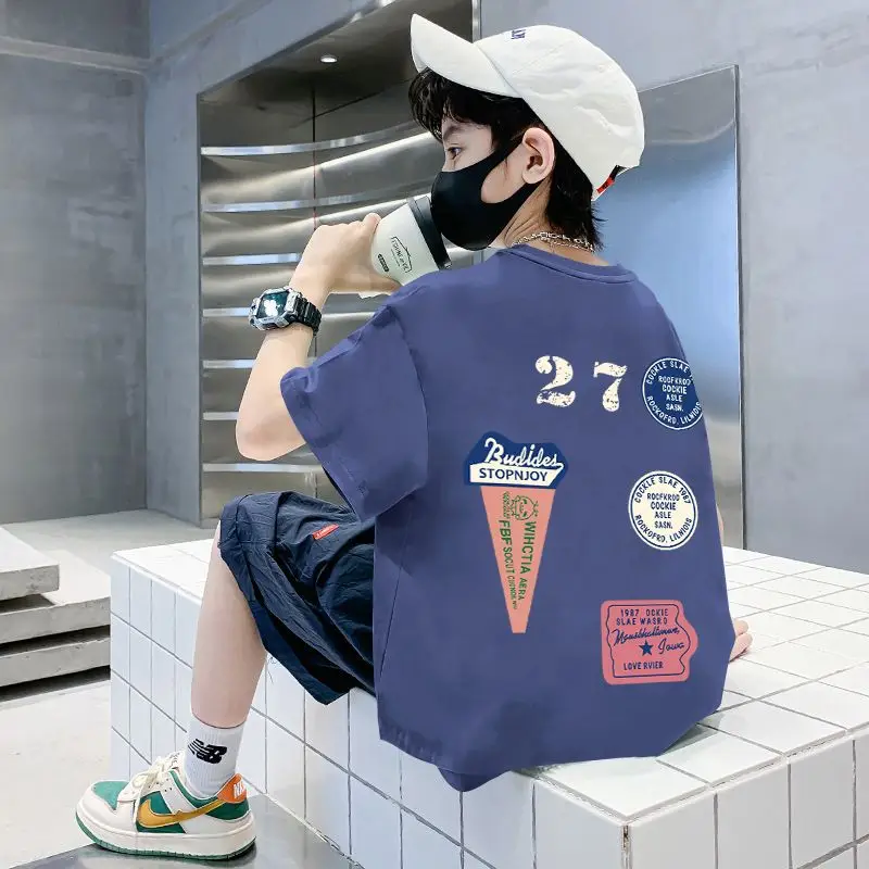 Pink 27 Design Cotton T-Shirt for Boys Summer Wear - Image 5