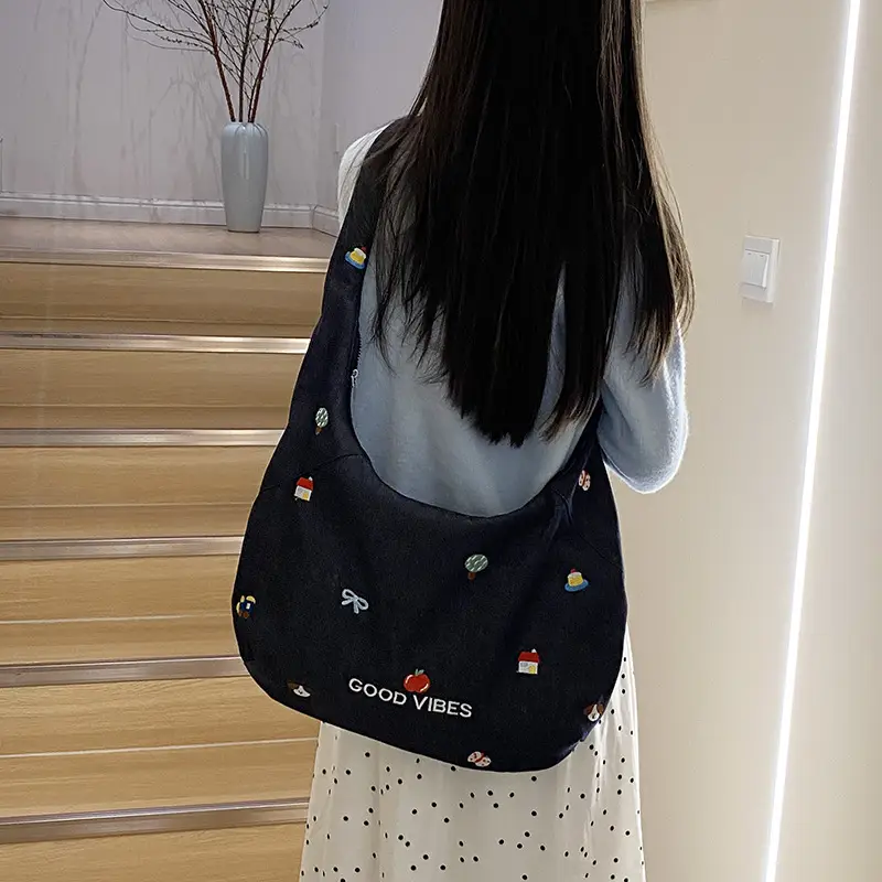 Japanese Embroidered Denim Crossbody Bag for Women - Image 5