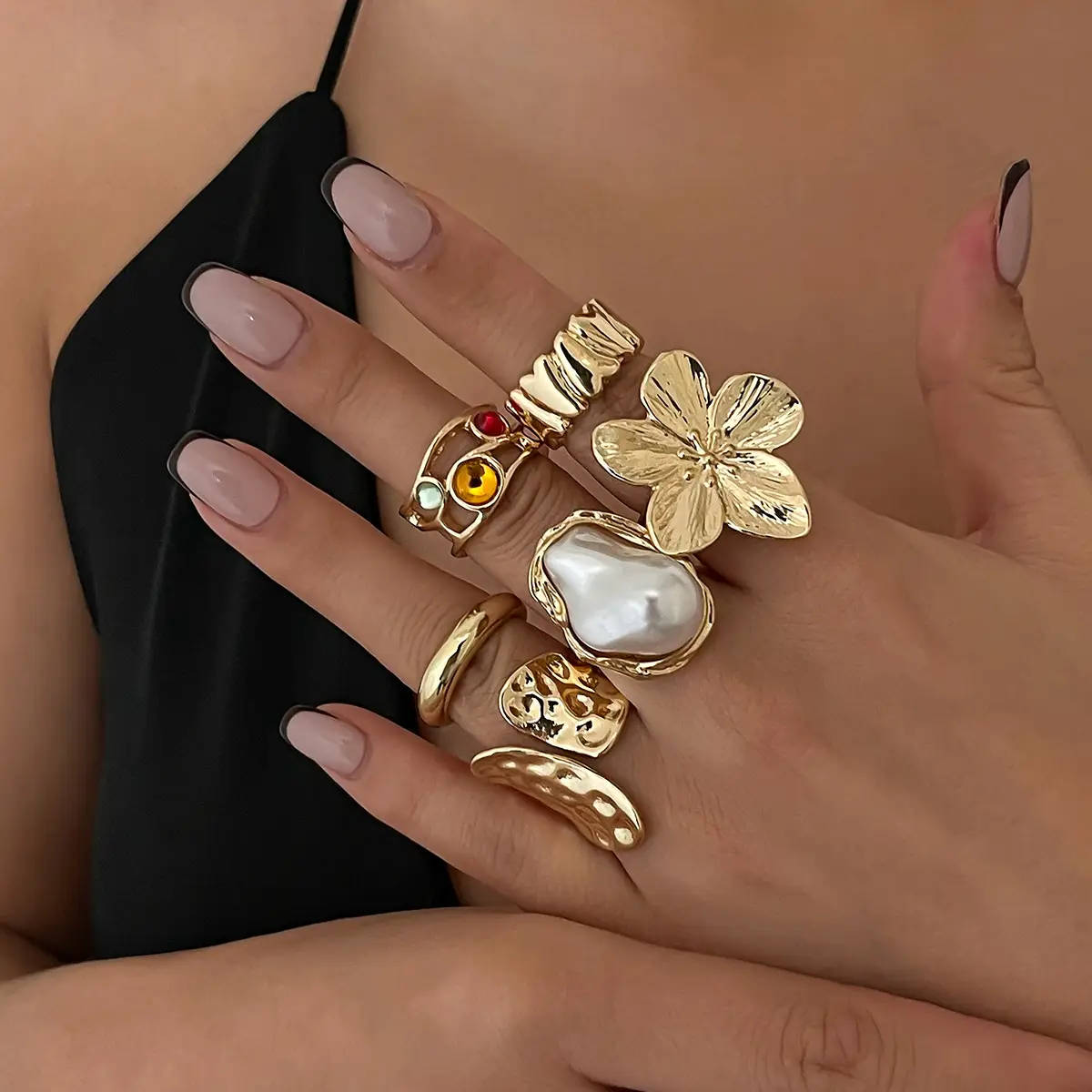 Gold Butterfly Flower Opening Rings Set for Women
