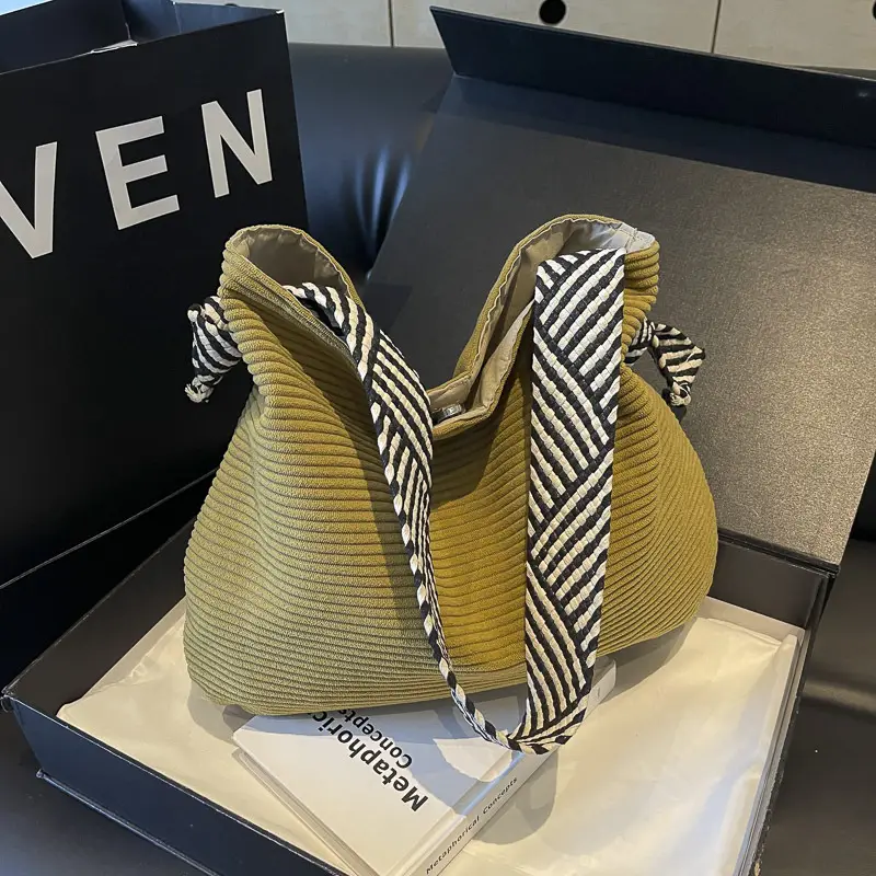 Women Pleated Shoulder Bag Yellow Striped 2025 - Image 6