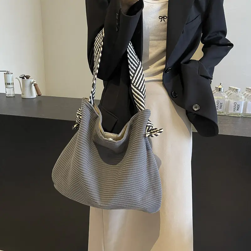Women Pleated Shoulder Bag Yellow Striped 2025 - Image 8