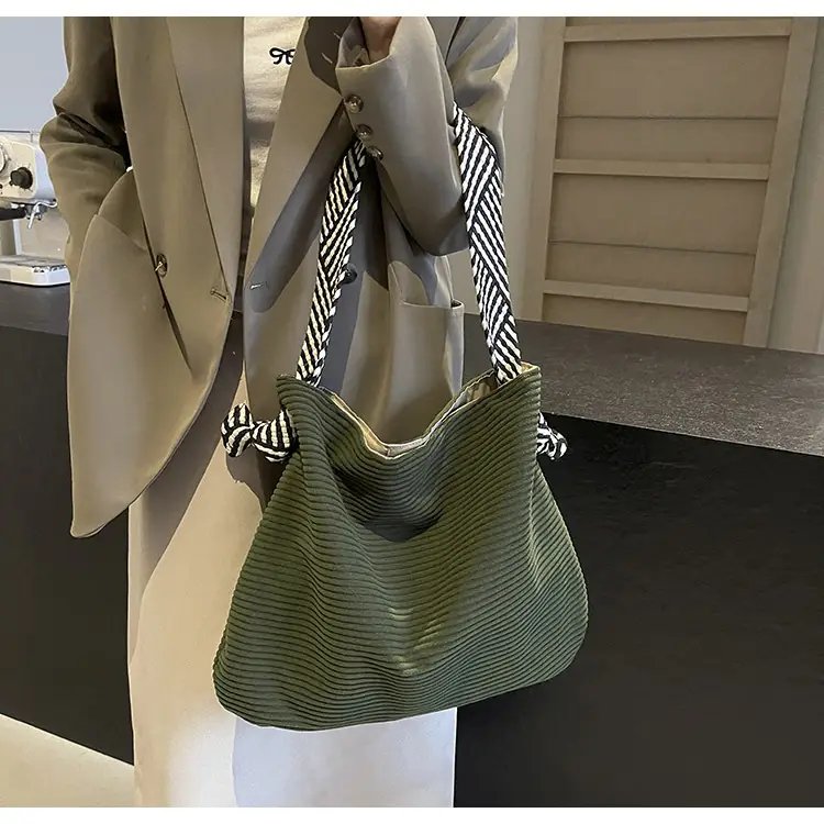 Women Pleated Shoulder Bag Yellow Striped 2025 — feature 34