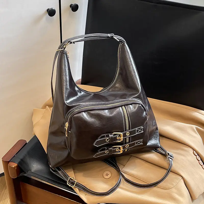 New Women's Black & Brown Shoulder Bags with Buckle Decor - Image 4