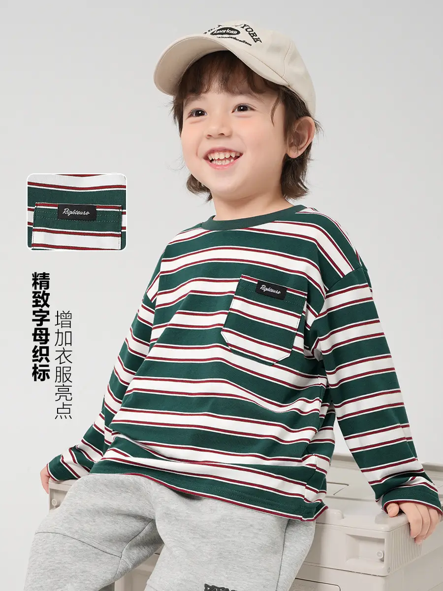 Boys Striped Long Sleeve T-Shirt Green White Striped - Image 3