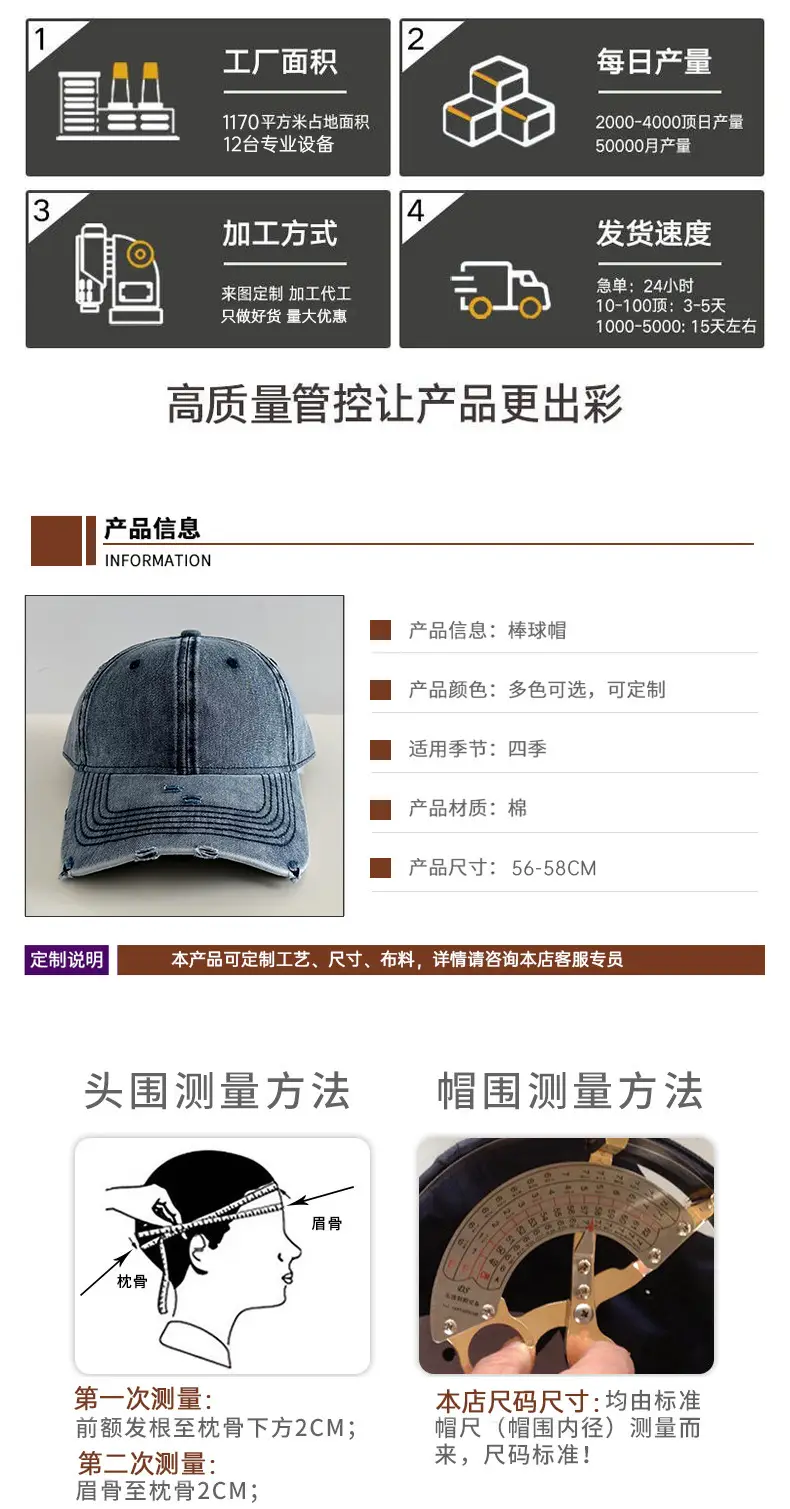 Customized Hole Wash Denim Baseball Cap for Men Women — feature 23