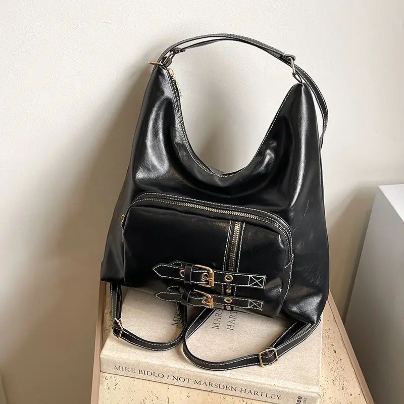 Black Women's Shoulder Bag with Buckle Decor - Image 4