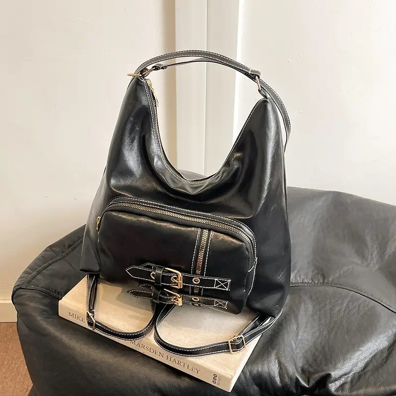 Black Women's Shoulder Bag with Buckle Decor - Image 5