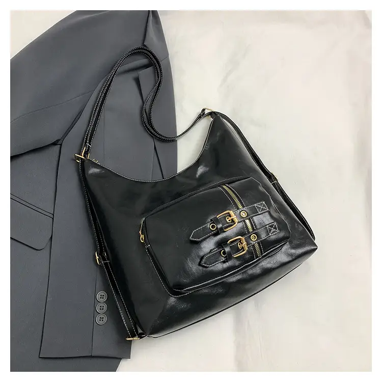 Black Women's Shoulder Bag with Buckle Decor - Image 2