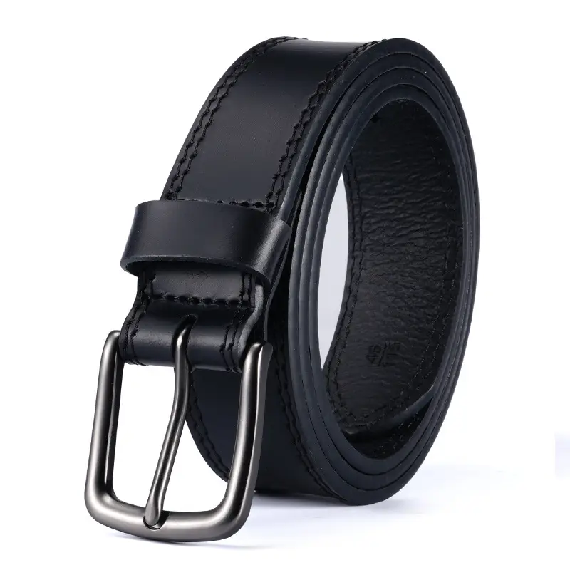 Men's Black Leather Belt with Silver Buckle