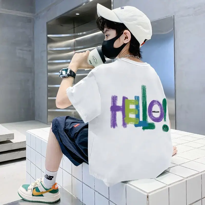 Blue Hello Print Cotton T-Shirt for Boys Medium to XL