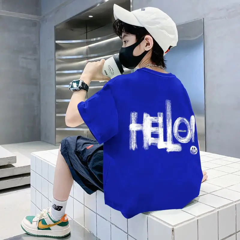 Blue Hello Print Cotton T-Shirt for Boys Medium to XL