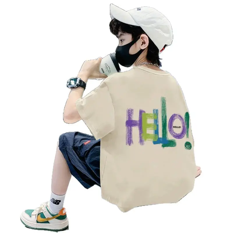 Blue Hello Print Cotton T-Shirt for Boys Medium to XL
