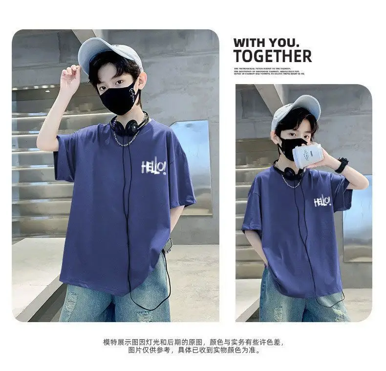 Blue Hello Print Cotton T-Shirt for Boys Medium to XL — feature 19