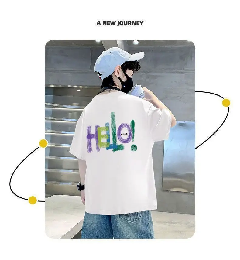 Blue Hello Print Cotton T-Shirt for Boys Medium to XL — feature 8