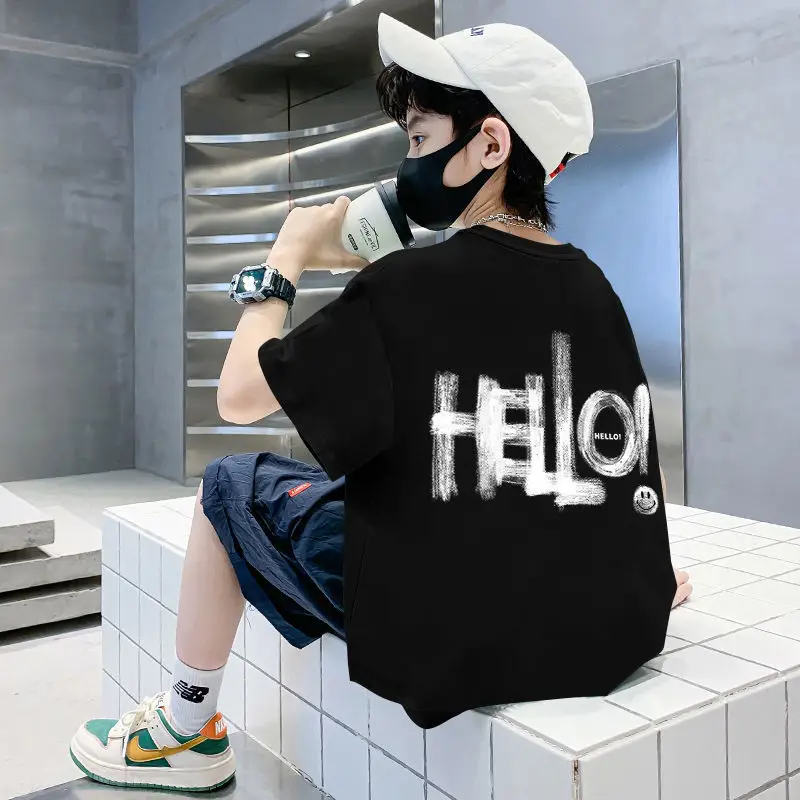 Blue Hello Print Cotton T-Shirt for Boys Medium to XL