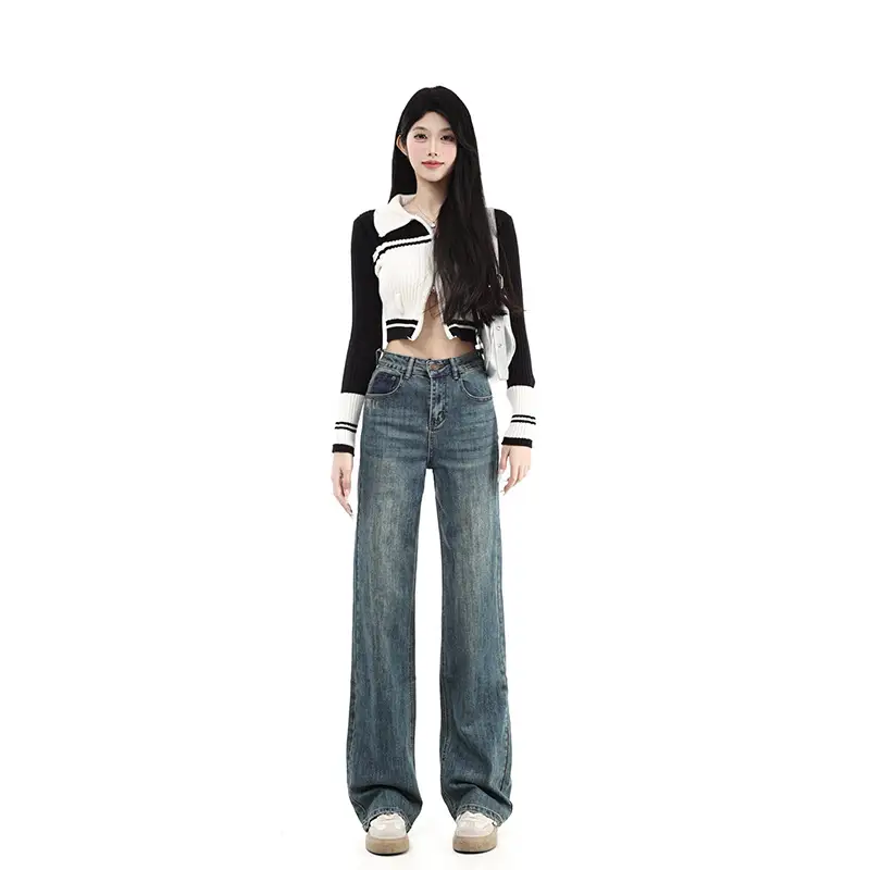 Fleece Lined Dark Blue High Waist Loose Jeans Women