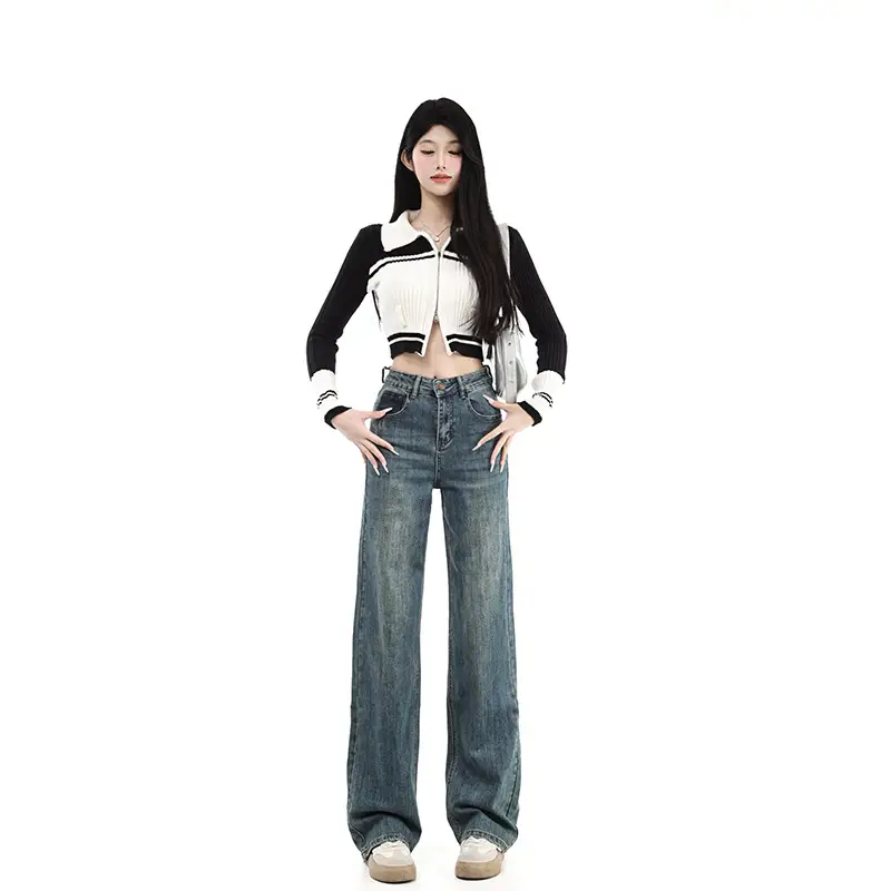Fleece Lined Dark Blue High Waist Loose Jeans Women