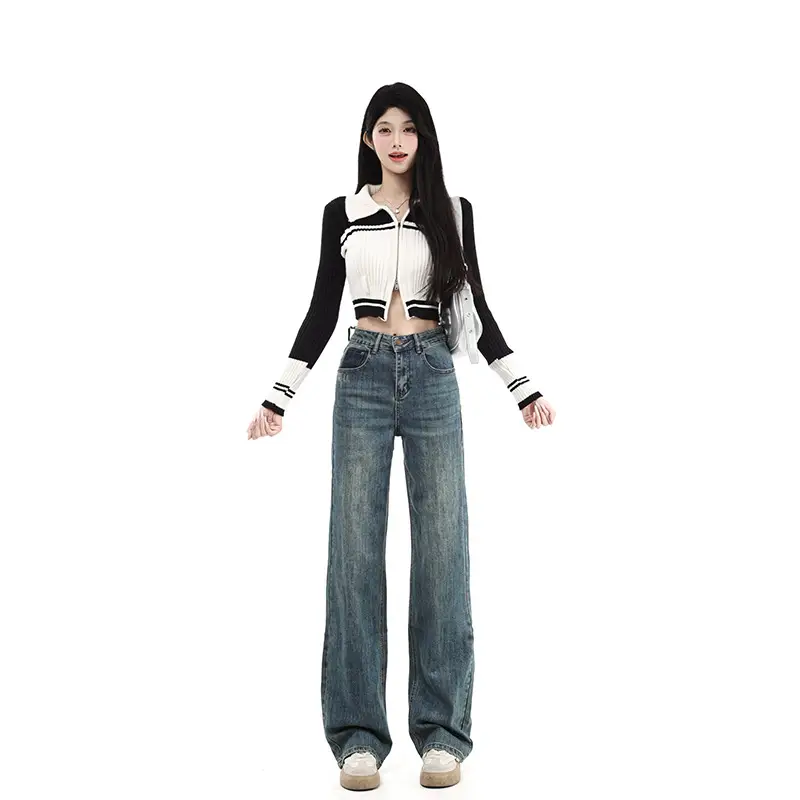 Fleece Lined Dark Blue High Waist Loose Jeans Women