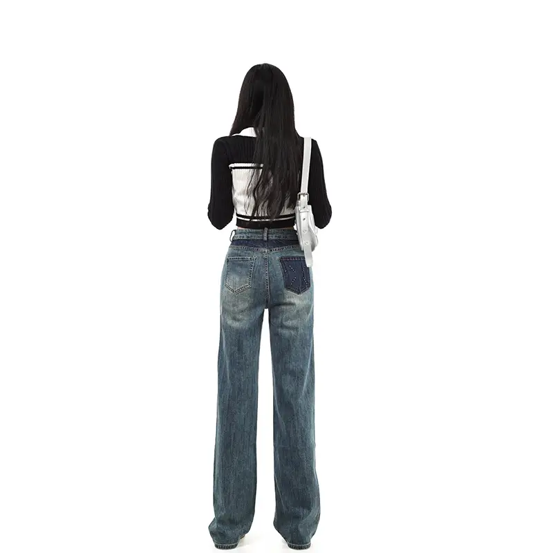 Fleece Lined Dark Blue High Waist Loose Jeans Women