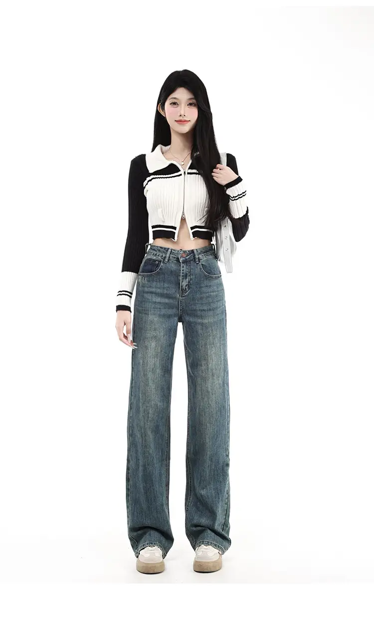 Fleece Lined Dark Blue High Waist Loose Jeans Women — feature 8