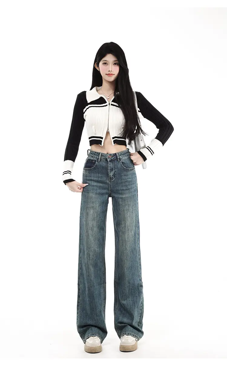 Fleece Lined Dark Blue High Waist Loose Jeans Women — feature 9