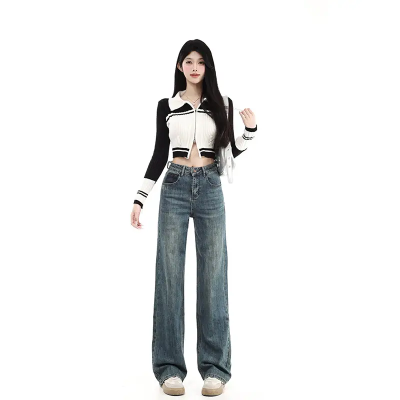 Fleece Lined Dark Blue High Waist Loose Jeans Women