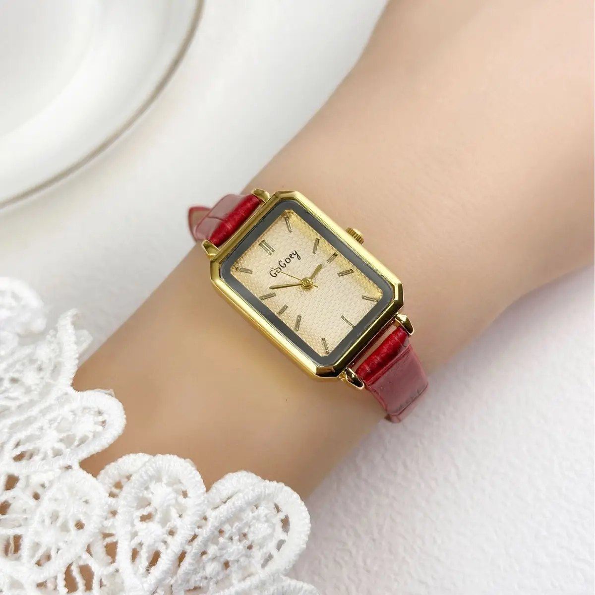 Women's Square Dial Watch with Red Leather Band - Image 5